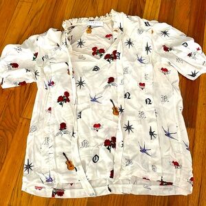 Sandro top short sleeve blouse with tattoo heart and roses size M 100% silk.